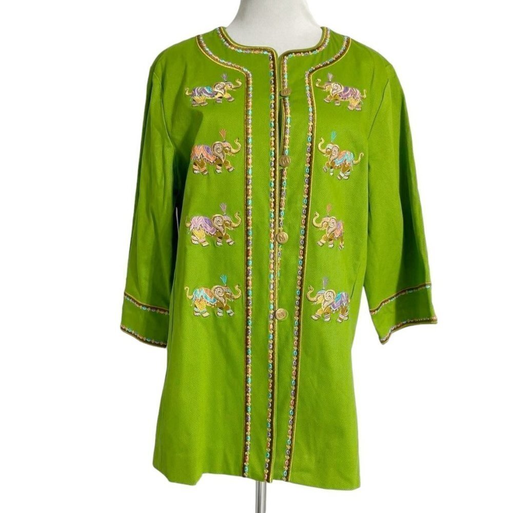 NEW Bob Mackie Large Top Embroidered Cardigan Blazer Button Up Green Elephant